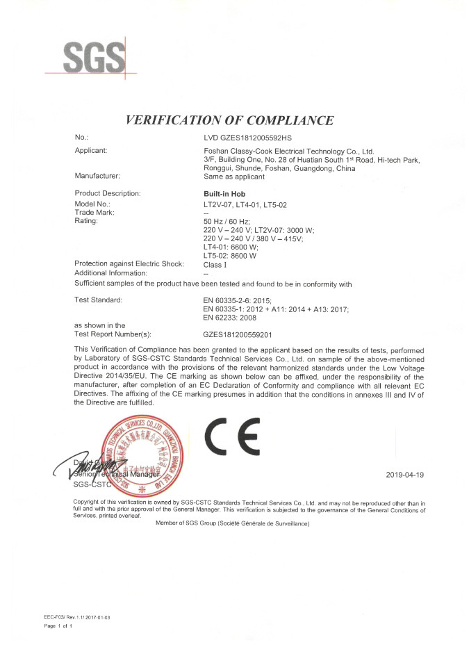 China Foshan Classy-Cook Electrical Technology Co. Ltd. Zertifizierungen